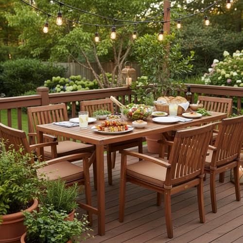 Tangkula 67" Acacia Wood Outdoor Dining Table for 6, Rectangle 6-Person Patio Table with 2" Umbrella Hole & Spacious Slatted Tabletop, Indoor Outdoor Dining Furniture for Deck, Garden, Poolside & Yard - size: 67"