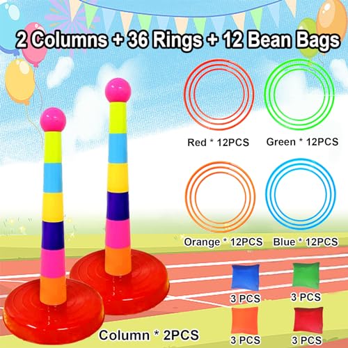 Colorful Plastic Sport Ring Toss Game Set for Kids,2 Colorful Columns+48 Rings+12 Bean Bags,Outside Toys Carnival Ring Circle Game,Outdoor Kids Sports Educational Toys - color: Multicolor, 36 rings