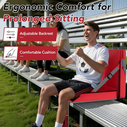 Stadium Seats with Back Support 1PACK Adjustable Bleacher Chairs with Back and Cushion Bleacher Seat with Cup Holder, Carry Handle & Shoulder Strap for Outdoor Sports Events, Picnics - color: Red-1pc-xl-large