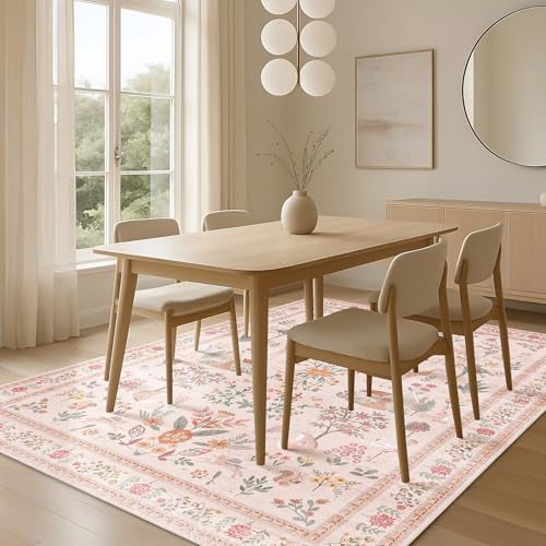 Pink Rug 5x7, Washable Boho Floral Botanical Animal Area Rug with Non Slip Backing Design,Indoor Soft Low Pile Carpet for Bedroom, Living Room, Dining Room, Farmhouse, Playroom - color: B#beige (Animal), size: 5' x 7' (Rectangular)