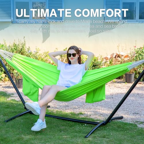 PNAEUT Double Hammocks with Stand for Outside, Portable Space Saving Heavy-Duty Steel Stand for Indoor Outdoor Patio with Carrying Bag, 450 lbs Capacity (Green) - color: Green