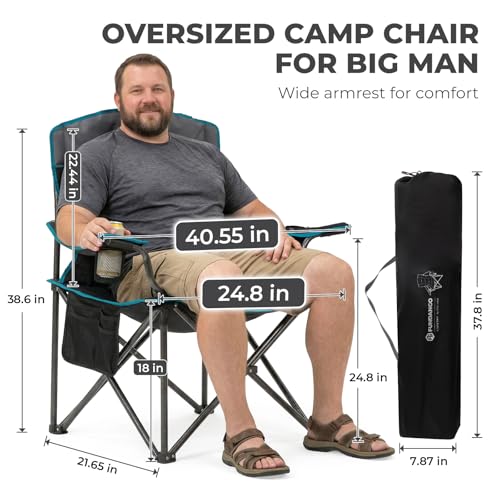 FUNDANGO Oversized Camping Chair for Adults,550lbs Heavy Duty Foldable Portable Lawn Chair with Padded Seat & Back, 4-can Cooler & Cup Holder, Carry Bag Included for Outdoor (Black/Grey) - color: Black/Grey With Lumber Support 1 Pack