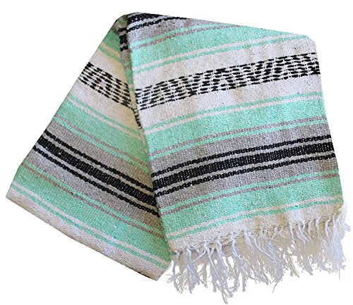 Del Mex Classic Mexican Blanket, Large Authentic Woven Falsa Throw (70"x50"), Artisan Southwest Décor for Beach, Yoga, Outdoors (Mint/Gray) - color: Mint/Gray