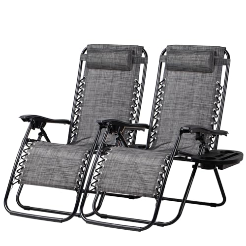 Nazhura Set of 2 Relaxing Recliners Patio Chairs Adjustable Steel Mesh Zero Gravity Lounge Chair Beach Chairs with Pillow and Cup Holder(Grey) - color: Grey