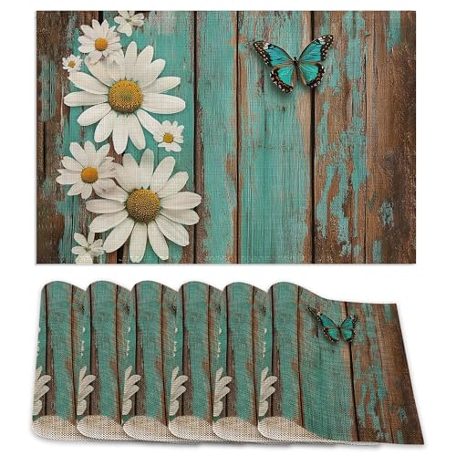 Placemats Set of 6,White Daisy Table Mats, Vintage Wood Washable Linen Table Mats,Non-Slip Heat Resistant Placemats for Party Kitchen Dining Indoor Outdoor 12"x18" - color: White Daisy, Vintage Wood