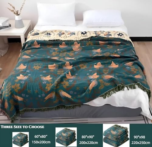 Boho Throw Blanket for Bed 100% Cotton Bohemian Blankets Ultra Soft Woven Muslin Decorative Blankets All Seasons Vintage Quilt Knitted Blanket for Sofa Chair(Blue, 60"x80") - color: A-blue, size: 60"x80"