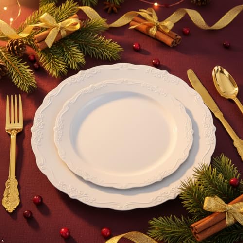 U-QE 100 Pieces White Plastic Plates - White Disposable Plates - Premium Hard Plastic Disposable Plates for Wedding and Party Use Including 50 Dinner Plates 10 '' & 50 Dessert Plates 7.5 '' - color: White