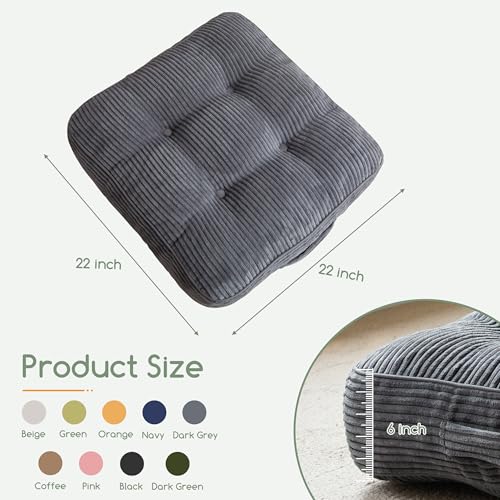 HIGOGOGO 6" Extra Thick Floor Pillow Cushion for Adults, Meditation Cushion Pillow, Large Square Floor Sitting, Tufted Corduroy Cover, for Tatami Living Room or Yoga, 22x22 Inch, Dark Grey - color: Square Dark Grey, size: 6" Thick(Pack of 1)