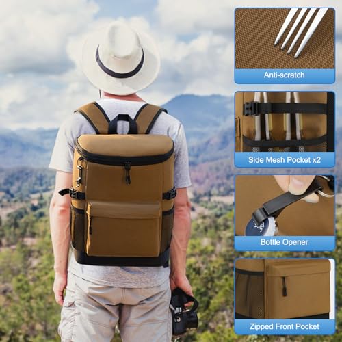 Tenot Cooler Backpack 33/40 Cans Backpack Coolers Insulated Leak Proof Soft Beach Cooler Bag for Men Women Ice Chest Backpack Camping Hiking Picnic Travel Cooler Lunch Backpack - color: Brown, size: 33 Cans