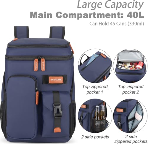 BAGPARKK Insulated Cooler Backpack,33/45 Cans Multifunctional Double Deck Leakproof Cooler Bag with Sternum Strap,Large Capacity Lightweight Travel Camping Beach Backpack - color: Blue, size: 45Can