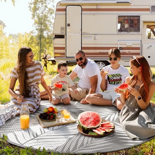 GENIMO Outdoor Rug 8' Round Waterproof for Patios Clearance, Reversible Outdoor Plastic Straw Camping Rug Carpet, Large Area Rugs Mats for RV, Camper, Deck, Balcony, Porch, Beach, Picnic, Grey&White - color: Grey & White | Waterproof, size: 8' (Round)