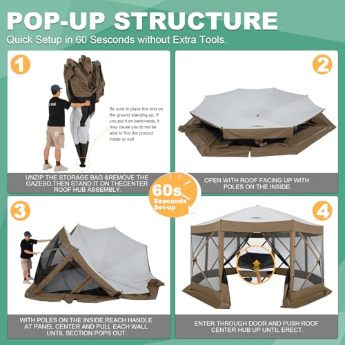 COBIZI 15x15 FT Pop Up Gazebo - Canopy Tent, Large Gazebos On Clearance with Sidewalls, Screened in Gazebo,carpas para Patio,Portable Screen Tents for 12-15 Persons Outdoor Camping, Backyard,Brown - color: Brown, size: 15x15ft Essential Gazebo