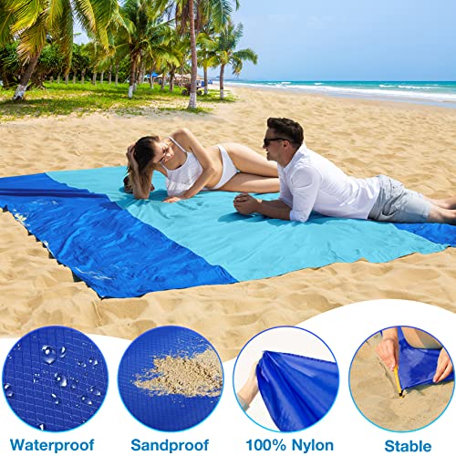 BYDOLL Nylon Beach Blanket Waterproof Sandproof Oversized 7'x7' Suits 1-5 Adults Sand Free Extra Large Blanket Lightweight Soft Picnic Mat for Beach Travel Camping - color: Blue2, size: 7'x 7'