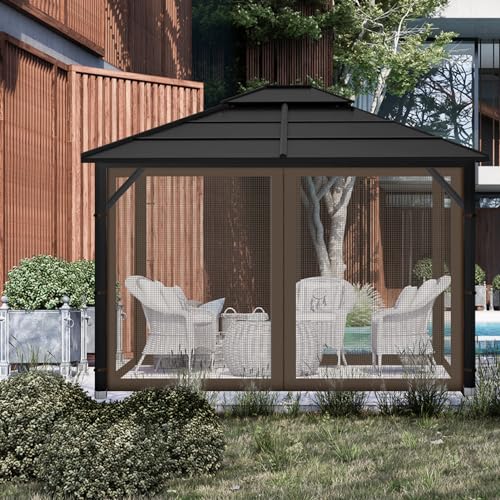 Gazebo Replacement Mosquito Netting Outdoor Universal Gazebo Canopy 4-Panels Screen Sidewalls with Zipper for Patio Garden (Coffee, 10x12) - color: Coffee, size: 10x12