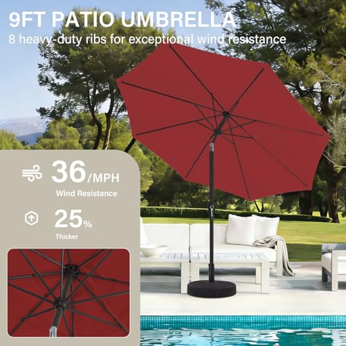 MEWAY 9ft Patio Umbrella Outdoor Table Umbrellas with Push Button Tilt and Crank, Market Umbrella 8 Sturdy Ribs for Deck, Garden, Pool and Backyard, Red - color: Red, size: 9ft