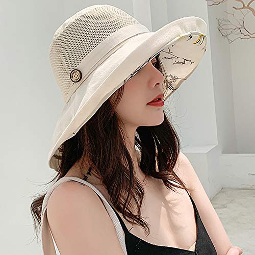 Women Mesh Sun Hats Summer Beach UV Protection UPF Packable Wide Brim Chin Strap - color: Yellowish-beige