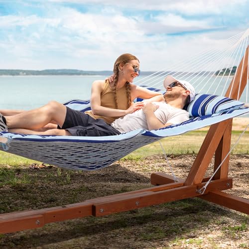 SUNCREAT Cotton Rope Hammock for Two People with Hardwood Spreader Bars, Quilted Fabric Pad & Detachable Pillow, Extra Large Hammock with Wooden Stand, Blue Stripe - color: Pad-blue Stripes