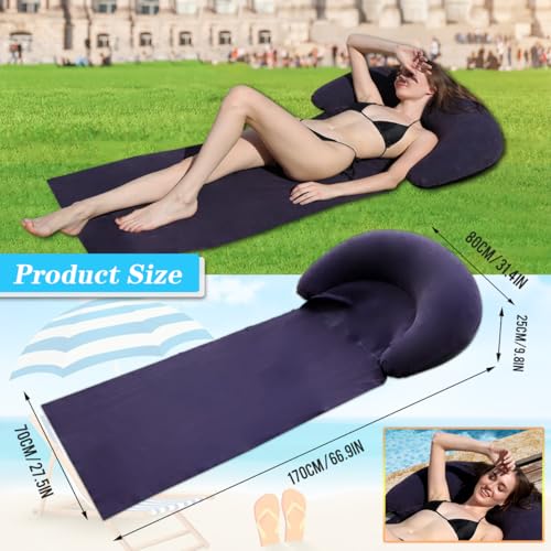 Inflatable Beach Mat Lounge Chair, Outdoor Sunbathing Sleeping Pad with Inflatable Pillow, Portable Flocking Beach Lounge Chair, Suitable for Lawn, Outdoor Camping, Travel, Beach Vacation (Navy) - color: Navy