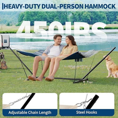 KYBOLT 2 Person Double Hammock with Stand & Pillow, 450 LBS Heavy Duty Outdoor Hammock with Balance Rope for Patio Backyard Poolside