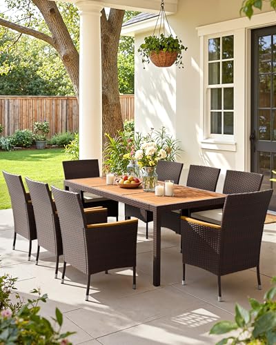 Flamaker 9 Piece Patio Dining Set Outdoor Acacia Wood Table and Chairs with Soft Cushions Wicker Patio Furniture for Deck, Backyard, Garden (Brown) - color: Brown, size: 9 Piece