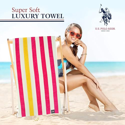 U.S. POLO ASSN. Oversized (40” x 70”) Striped Nautical Design Beach Towel - Luxury Plush Cotton Hotel Quality for Bath, Pool - Cabana Stripe Fuchsia/Yellow - color: Cabana Stripe Fushia/Yellow, size: 40" x 70"