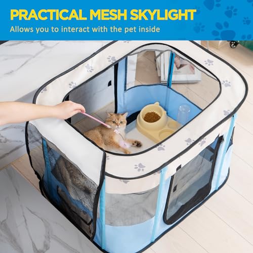 Avont Portable Dog Cat Playpen, Foldable Pop Up Pet Play Pen Travel Crate with Floor and Mesh Door Top for Indoor Outdoor Collapsible Tent Cage -L, Blue - color: Blue, size: L (36"×28"×24")