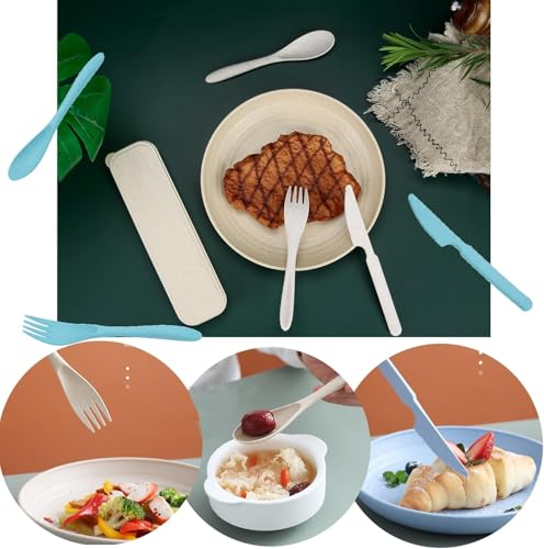 Travel Utensils with Case, 4 Sets Wheat Straw Portable Travel Cutlery Set, Reusable Fork Spoons Knife Tableware Camping Utensil Sets for Kids Adults Picnic or Daily Use, Dishwasher Safe