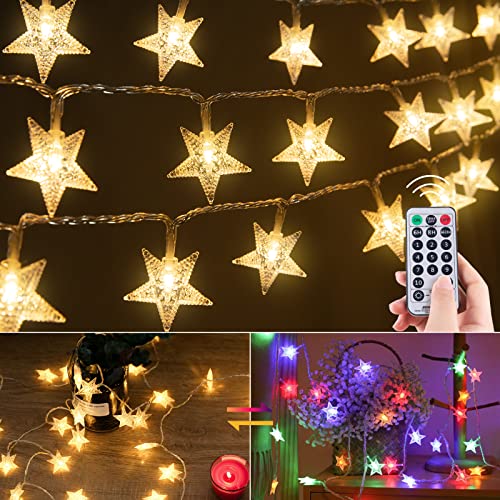 Minetom Star String Lights Plug in - 33 ft 100 LED Star Fairy String Lights with Remote and Timer, Waterproof for Bedroom Tent Loft Bed Shelf Porch Patio Garden Party Décor, Warm White + Multicolor - color: Warm White + Multicolor - 33ft
