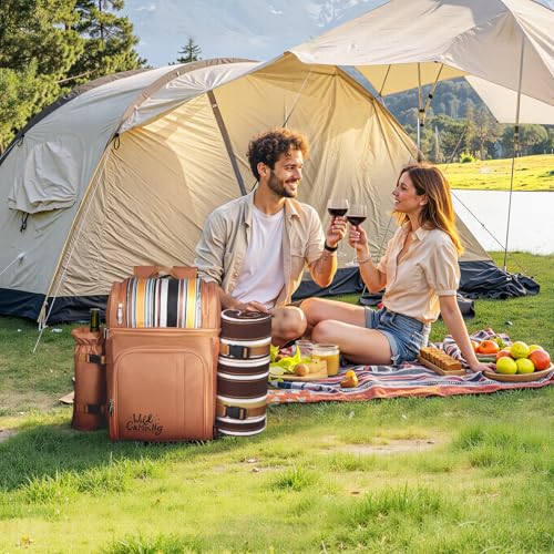 VEVOR Picnic Backpack, Beach Picnic Backpack Bag for 4 Person with Insulated Cooler Compartment, Detachable Bottle/Wine Holder, Lightweight Blanket, Plates and Cutlery Set for Hiking & Camping, Brown - size: double layer for 4 & browne