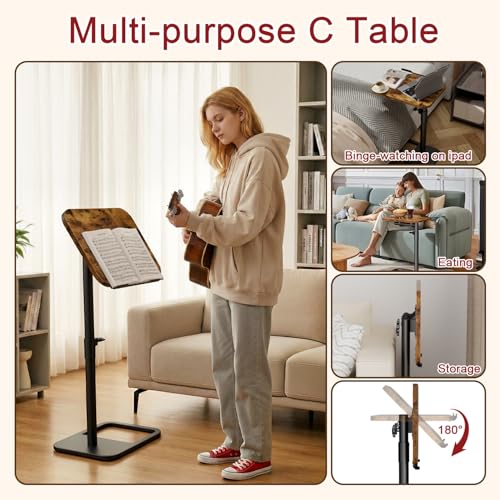Tv Tray Table Adjustable Height Couch Side Table, Tilt Angle Adjustments-360° Swivel/180° Flip-Over Panel C-Shaped End Table With Tablet Slot, Computer Desk for Chair, Living Room (Rustic Brown) - color: Rustic Brown, style: Tilt C Table