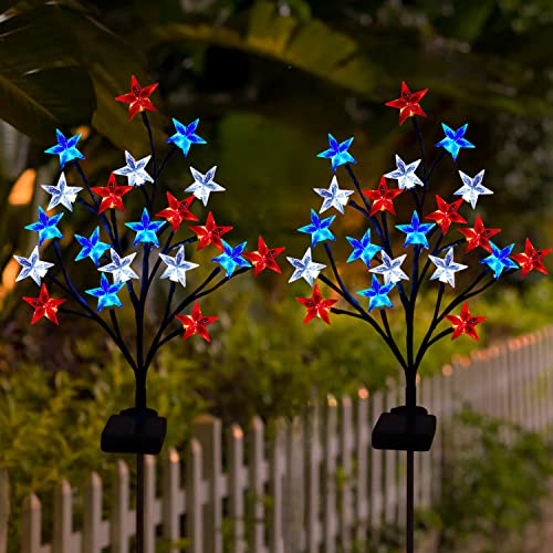 2 Packs Solar 4th of July Decorations Outdoor Lights, Solar Red White and Blue Star Pathway Lights, Waterproof Outdoor Patriotic Decorations Lights for July 4th Memorial Day Garden Yard Pathway Grave - size: 2 Paks-2 Modes