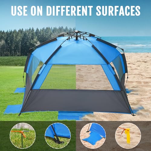 WhiteFang Deluxe Pop Up Beach Tent Sun Shade Shelter for 3-4/5-6 Person, UV Protection, Extendable Floor with 3 Ventilating Windows Plus Carrying Bag, Stakes, and Guy Lines - color: Gray Blue, size: X-Large