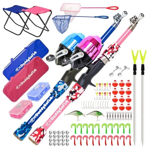 DaddyGoFish Kids Fishing Pole - Rod Reel Combo Tackle Box Starter Set - First Year Small Dock Gear Kit for Boys Girls Toddler Youth Age Beginner Little Children Junior Anglers - color: 2 Pack- Blue + Pink (Complete Set), size: 5ft