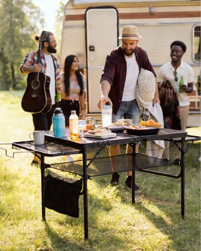 3ft Folding Camping Table with Wing Panels, Metal Mesh Grill Table,2 Adjustable Heights,Folding Table with Storage Net, Paper Towel Holder, Hooks, Trash Bag Rack, for Picnic,Camping,BBQ,Beach(Black) - color: 3ft With Wing Panels