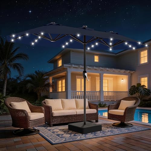 AreShark 15FT Patio Umbrella with Solar Lights, Double Sided Outdoor Table Umbrellas with Crank, Large Rectangular Market Umbrella for Porch, Lawn, Pool, Backyard, Navy - color: Navy, size: 9x15 Ft
