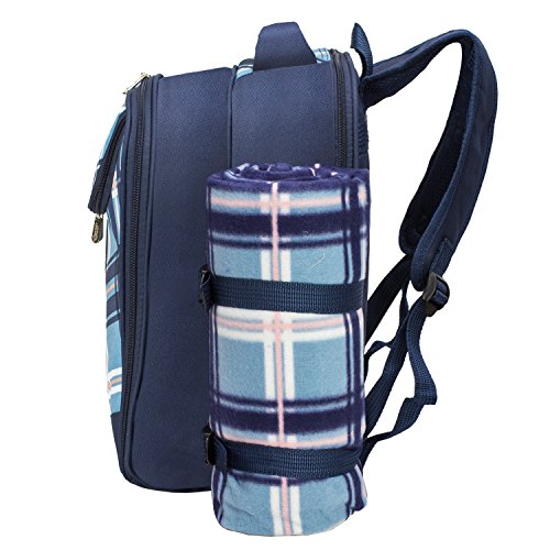Apollo Walker Picnic Backpack Bag for 2 Person with Cooler Compartment, Detachable Bottle/Wine Holder, Fleece Blanket, Plates and Cutlery (Blue) - color: Blue, size: 2 Person