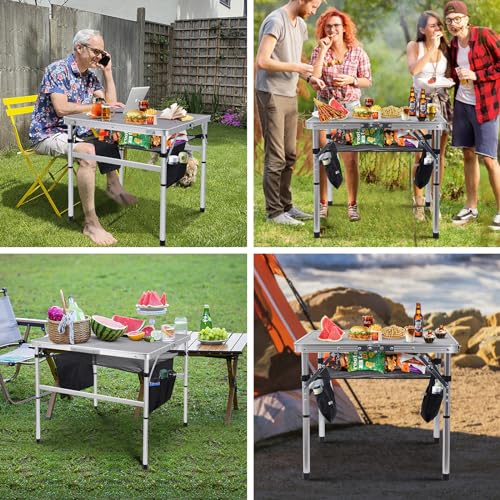 C Square Folding Height Adjustable Aluminum Table - 23.6"x23.6" White, Mesh Bag, Carry Handle, Ideal for Grill, Camping, Outdoor, Card Games