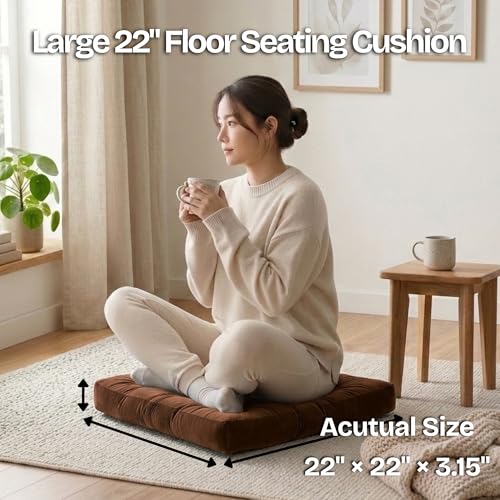 Meditation Cushion, Floor Cushion for Adults, Velvet Floor Pillow for Sitting, Tufted Seat Cushion for Yoga, Living Room, Bedroom & Reading Nook, Machine Washable, 22 x 22 Inch, Brown - color: Brown, size: 1pack