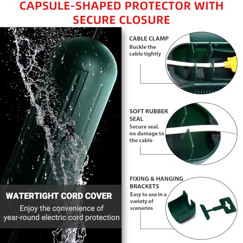 (4-Pack) Large Outdoor Extension Cord Plug Protector with Latches, Capsule Shaped Protector with Large Compartment for AWG12/14/16 Cords, Water-Resistant Holder for String Lights and Wires (Green) - color: Green, size: Large (with 4 Latches)