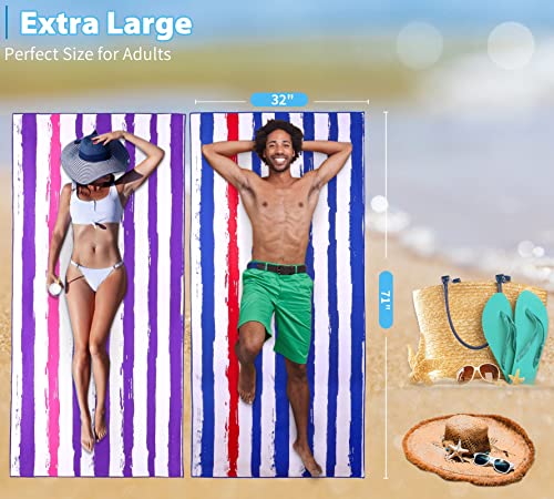 2 Pack Microfiber Oversized Lightweight Beach Towel 71"x32" XL Extra Large Thin Sand Free Towels Travel Swim Pool Yoga Gym Camping for Adults Women Men Beach Essentials Accessories Vacation Gift - color: 2 Pack Stripes