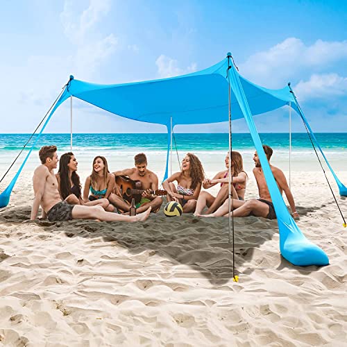 COMMOUDS Beach Tent Sun Shelter - UPF50+ Pop Up Beach Canopy with Sandbags & Sand Shovel & Windproof Poles, Portable Sun Shade for Beach, Camping, Picnics, Backyard - color: Sky Blue, size: 7x7 Ft 4 Pole