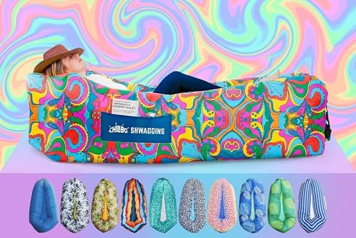Chillbo Inflatable Couch – Unique Designs - No-Pump Setup, Ripstop Polyester, Stability Pegs, Fun Prints - Portable Air Inflatable Lounger for Beach, Camping, Festivals, and Tailgating - color: 60s Psychedelic, size: Large