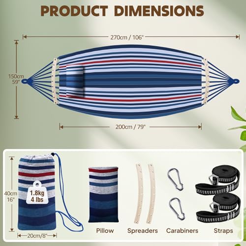 Chihee Cotton Hammock Holds Up to 660lbs Fabric Hammock 8.9x4.9ft Soft Portable Tree Hammocks Camping with Detachable Spreader Bar Pillow 2 Strong Webbings 2 Carabiners Indoor Outdoor Backyard Garden - color: Blue/Red/White Stripes, size: 270x150cm