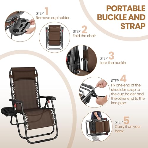 Yaheetech 26" Zero Gravity Recliners Outdoor Adjustable Folding Reclining Lounge Chairs w/Pillows, Cup Holder Trays and Carry Strap for Patio Backyard Beach Brown Set of 2 - color: Brown
