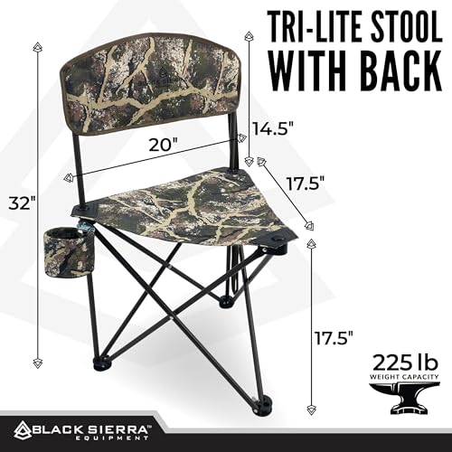 Black Sierra Tri-Lite Stool w/Back, Lightweight Portable Fishing Chair w/Cupholder and Carry Strap, Supports 225-Lb, Portable Outdoor Chair for the Hunting Blind, Camping, Travel, Hiking - color: Axs Camo Ranger