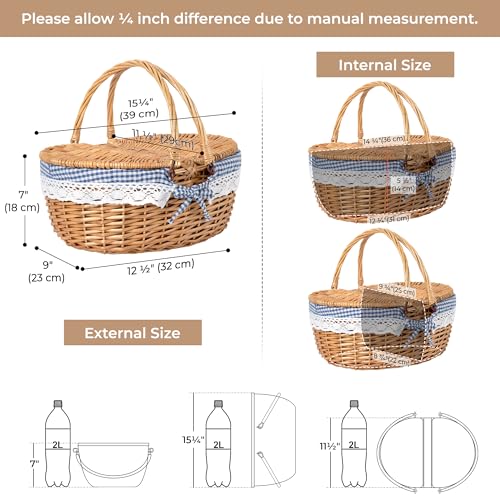 GRANNY SAYS Wicker Picnic Basket for 2 with Handles, Woven Cute Boo Basket with Washable Liner & Dual-Flip Lid, Vintage Large Picnic Baskets for Camping, Outdoor, Gift, Blue and White Checkered Liner - color: Blue