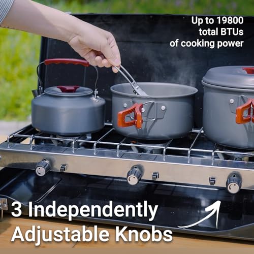 FineFlame Camping Stove, Propane Portable Camp Stove with Regulator, Push-Button Instant Ignition, Adjustable Burners & Wind Guards for Car BBQ Picnics Outdoor Camping Cooking (19800 BTU-3 Burner) - color: Black-3 burner-19800BTU