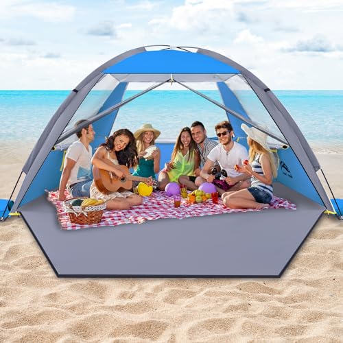 Happy Travel Beach Tent, UPF 50+ UV Protection Sun Shade Shelter for 3/4/5/6/7/8 Person, Portable Beach Canopy for Family & Baby, Lightweight & Easy Setup Beach Cabana with 3 Ventilation Mesh Windows - color: Dark Blue, size: 6 Person