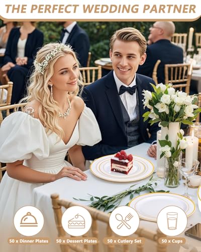 GATHER 350PCS Gold Plastic Plates - White and Gold Disposable Plastic Dinnerware Set Include 50 Dinner Plates, 50 Dessert Plate, 150 Silverware, 50 Napkins, 50 Cups for Party & Wedding - color: Gold, size: 50 Guests