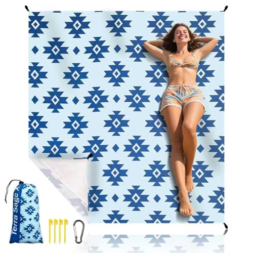 Beach Blanket Waterproof Sandproof Beach Mat 79" X 83" for 2-8 Adults, Sand Free Mat Quick Drying for Travel, Camping, Hiking with 4 Stakes & 4 Corner Pockets (Ethnic Pattern) - color: Ethnic Pattern